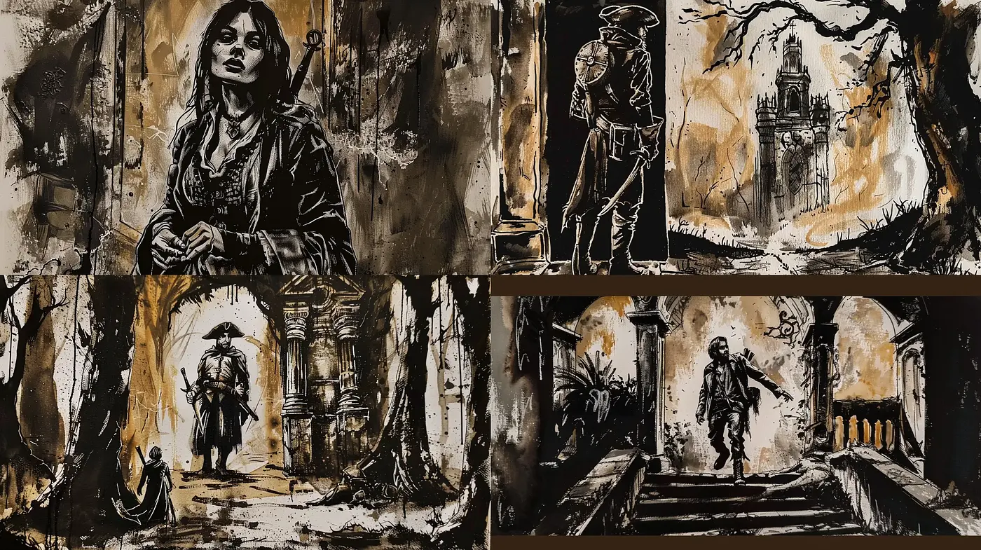 Gothic-Inspired Monochromatic Tableaus with Expressionist Overtones - Midjourney sref style