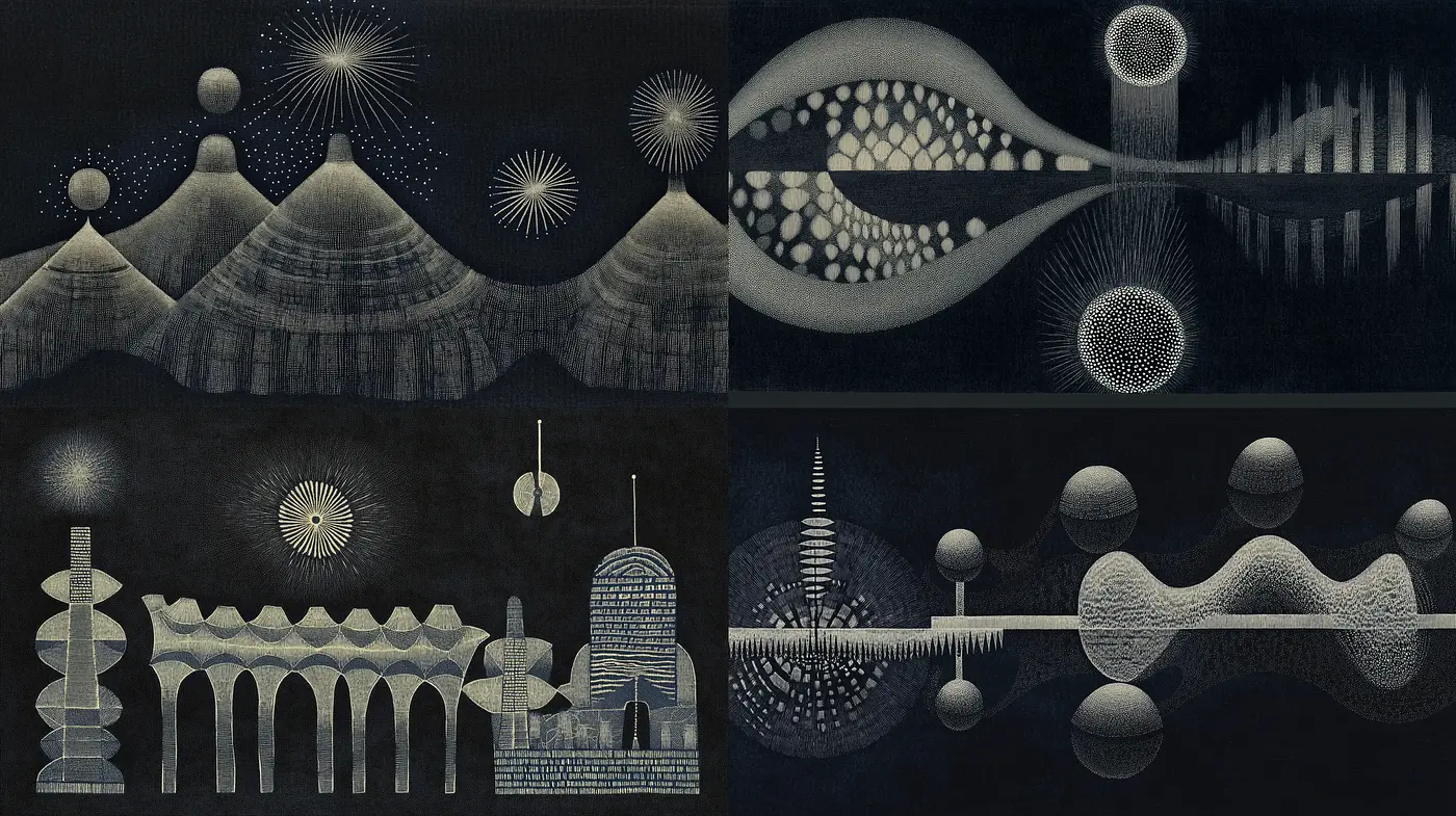 Monochromatic Symmetry: A Dance of Geometric Harmony and Stark Contrast - Midjourney sref style