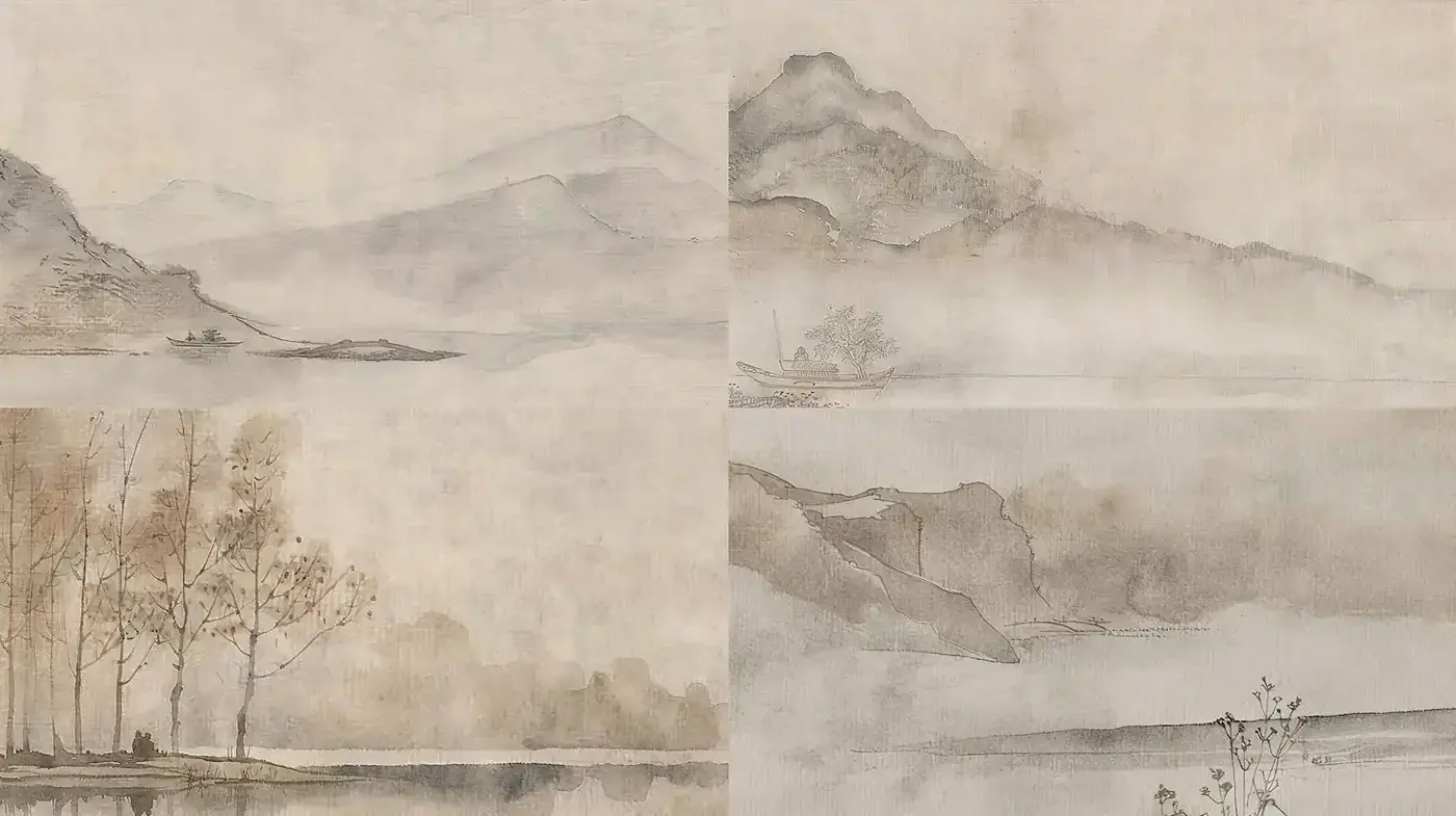 Serene Traditional East Asian Landscape with Soft Watercolor Techniques - Midjourney sref style