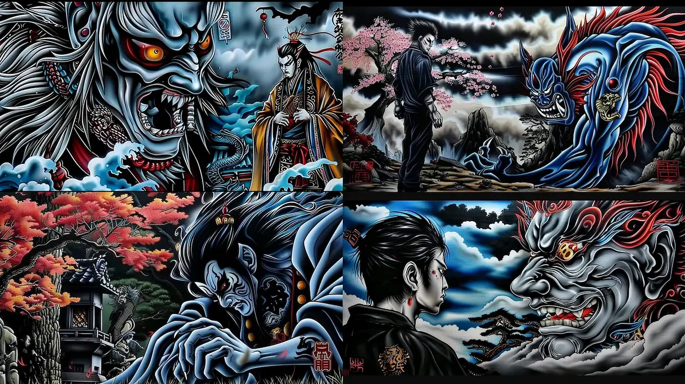 Dynamic Japanese Mythology Art with Vivid Color Schemes and Dramatic Characters - Midjourney sref style