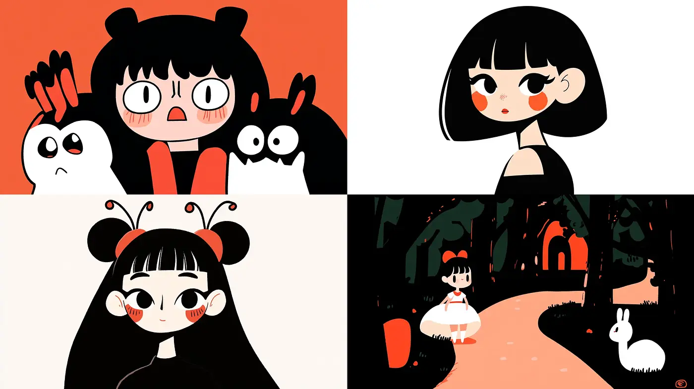 Monochromatic Whimsy with Bold Contrasts and Cartoonish Features - Midjourney sref style