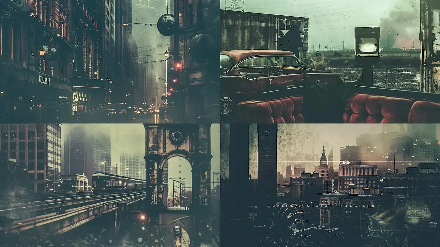 Moody Noir Cityscapes with Retro Aesthetic - Midjourney sref style