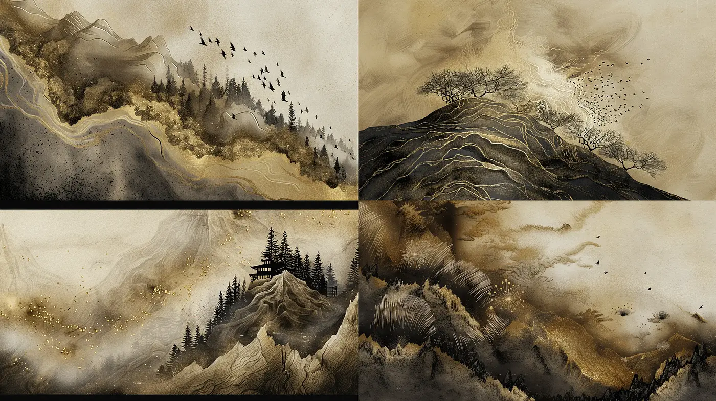 Ethereal Monochrome Landscapes with Gilded Accents - Midjourney sref style