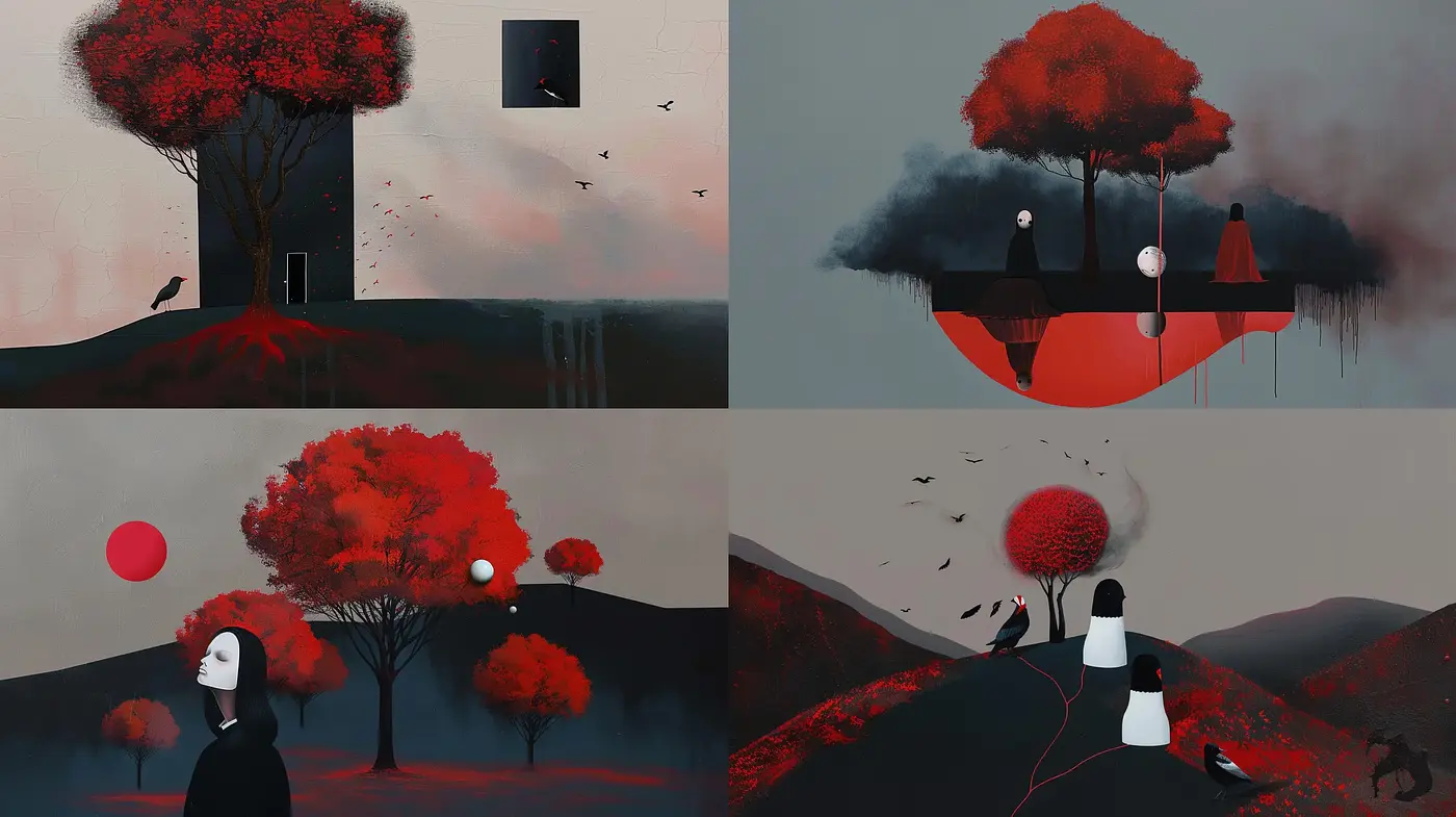 Surreal Autumn Dusk: A Meditative Fusion of Harmony and Contrast - Midjourney sref style
