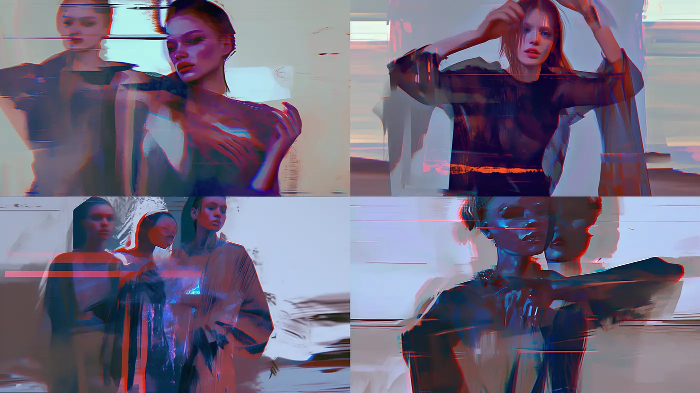 Distorted Elegance: A Mixture of Glitch Art and Surrealist Photography - Midjourney sref style