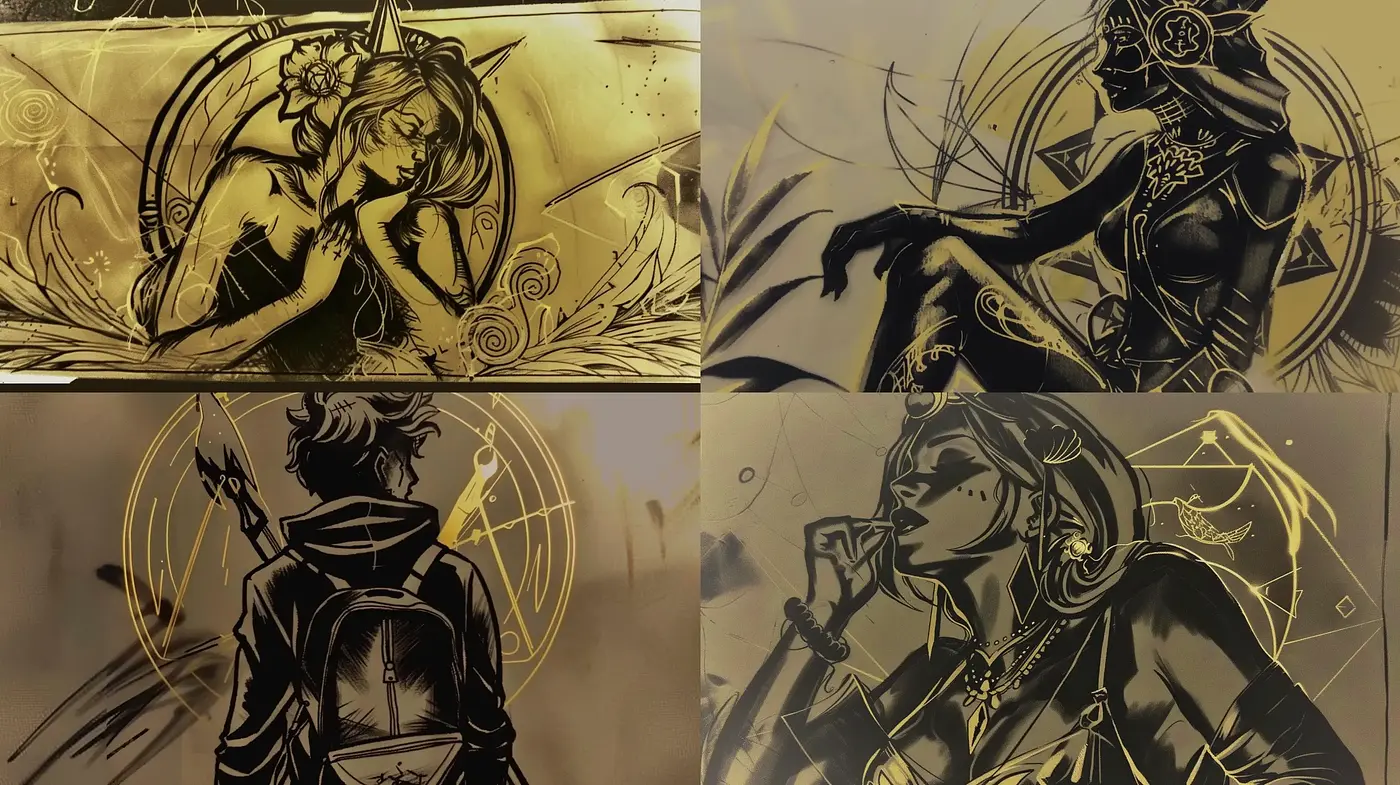 Stylized Monochromatic Sepia Illustrations with Abstract Art Nouveau Elements - Midjourney sref style
