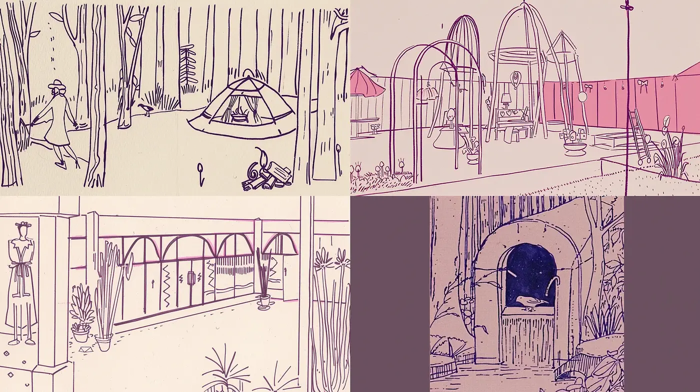 Monochromatic Illustrative Linework with a Dreamlike Essence - Midjourney sref style