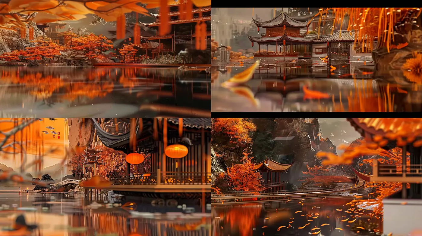 Autumnal Hues and Ethereal Reflections in Surreal Eastern Landscapes - Midjourney sref style