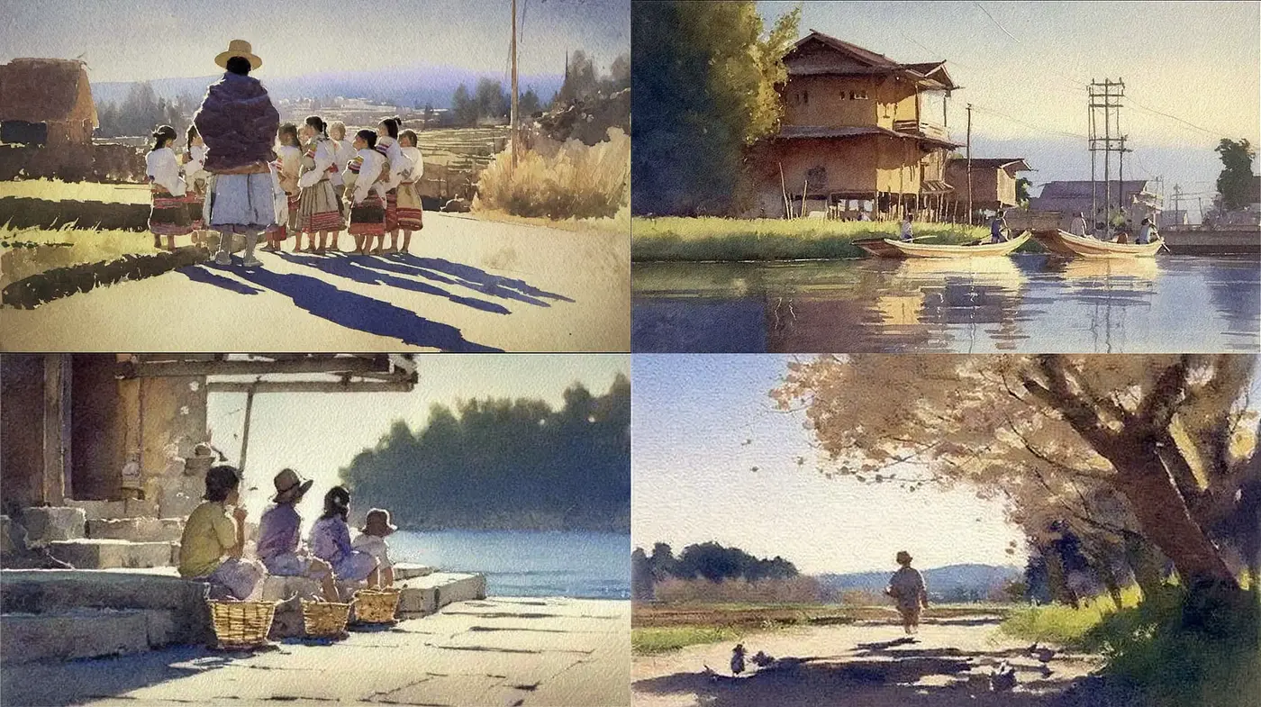 Serene and nostalgic watercolor landscapes with a community focus - Midjourney sref style