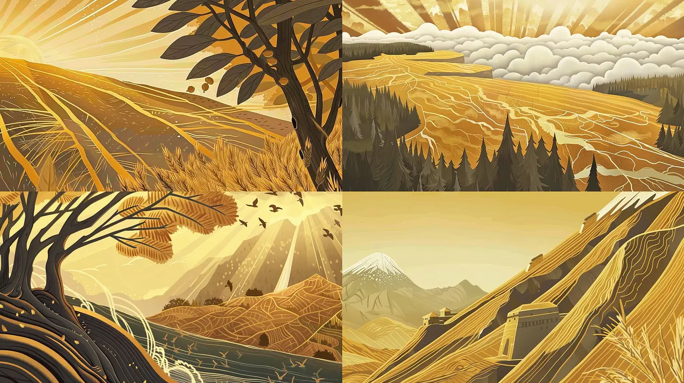 Golden Hues of Stylized Landscapes: An Homage to Serene and Pastoral Elegance - Midjourney sref style