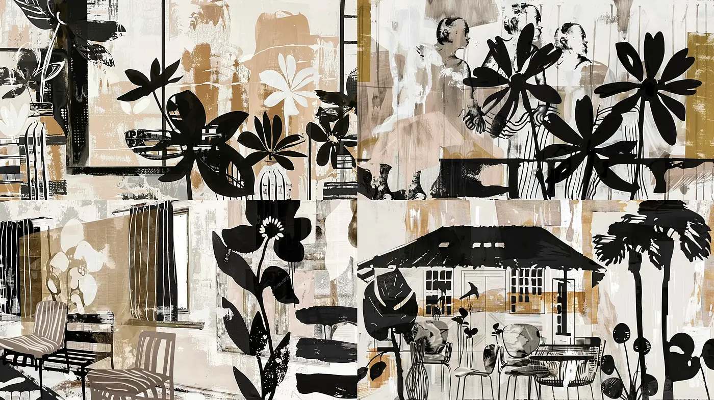 Monochromatic Botanicals and Abstract Figures in Mixed Media - Midjourney sref style