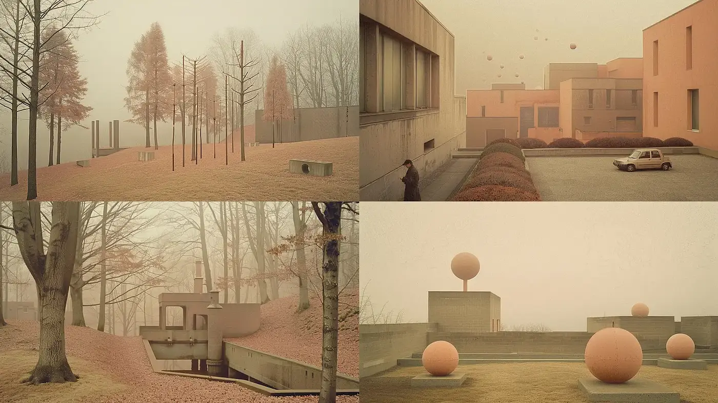 Serene and Minimalist Architectural Landscapes with a Soft Palette - Midjourney sref style