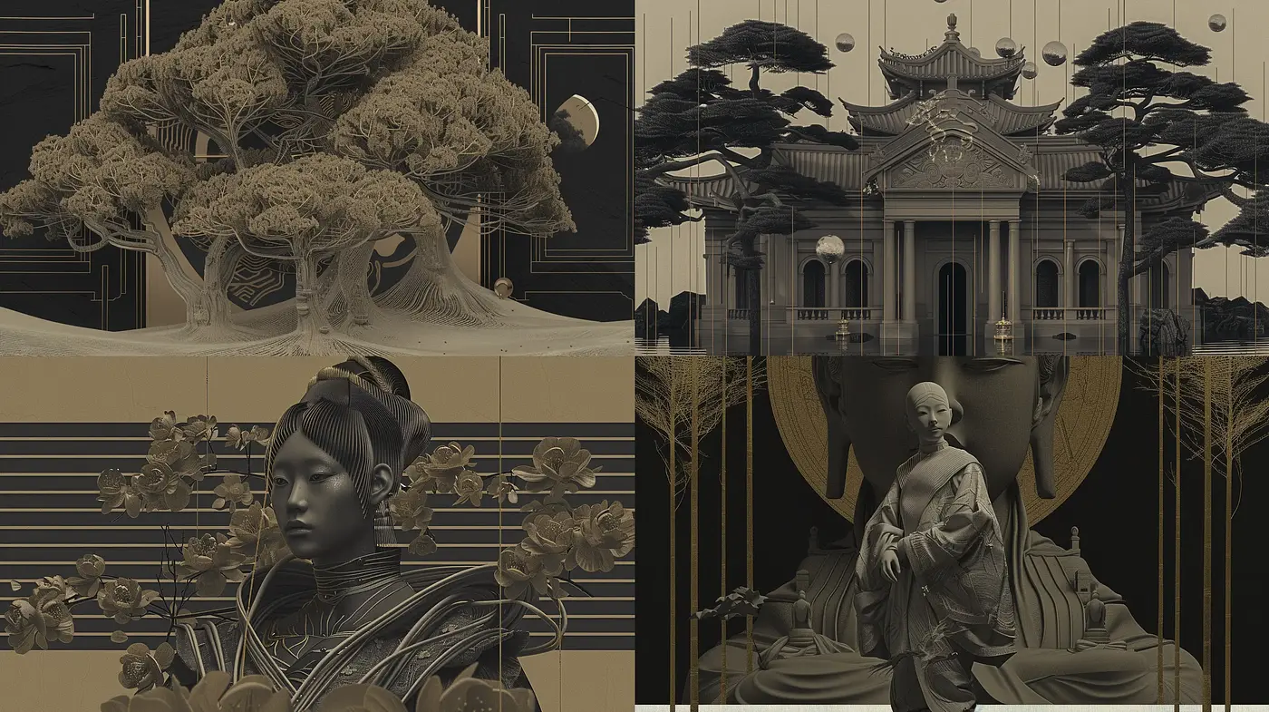 Monochromatic Elegance with East Asian Artistic Sensibilities - Midjourney sref style