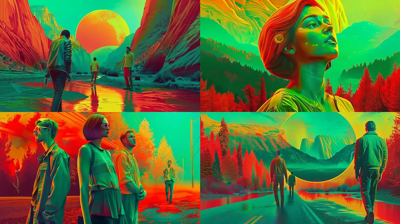 Vividly surreal landscapes combining human figures with intense color contrasts - Midjourney sref style