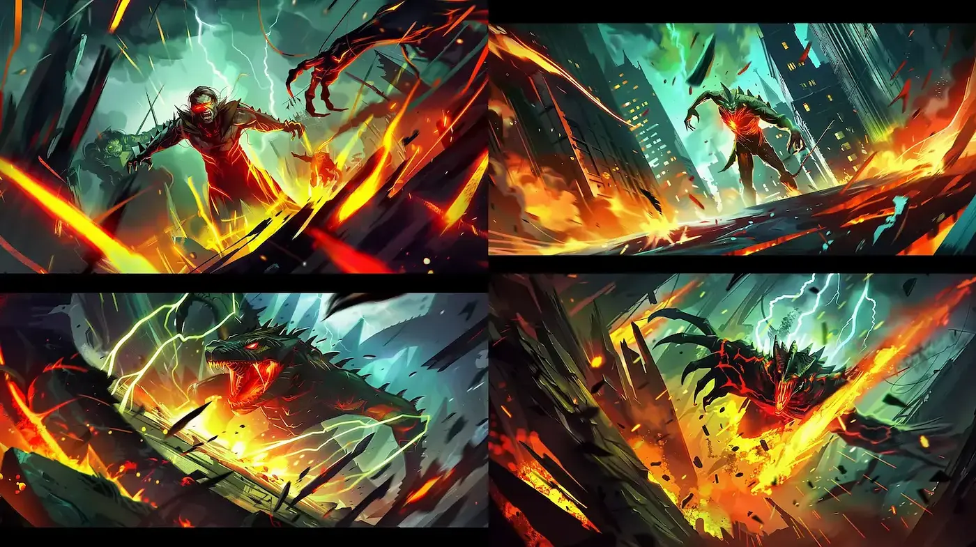 Kinetic Energy Unleashed in Vivid Fantasy Battle Tableaus - Midjourney sref style