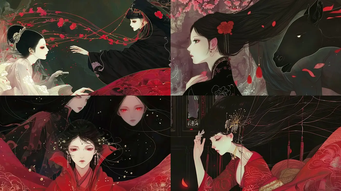 Ethereal Elegance in Monochromatic Crimson: Contemporary Interpretation of Traditional Asian Artistry - Midjourney sref style