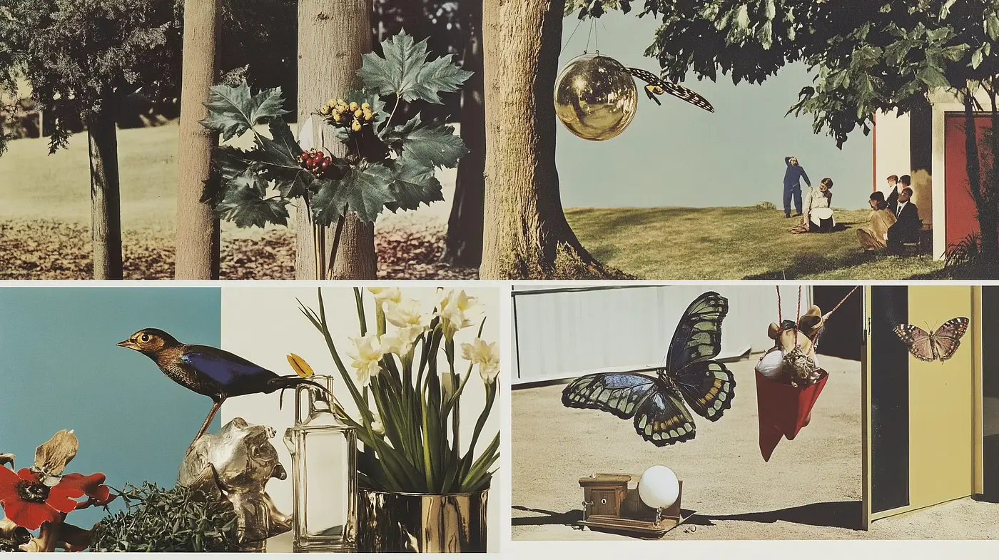 Surreal Botanical Retro Collages with Vivid Contrasts - Midjourney sref style