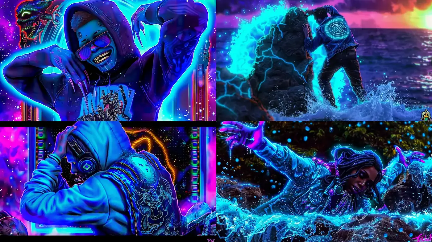 Vibrant Neon Surrealism with Electric Energy and Futuristic Elements - Midjourney sref style