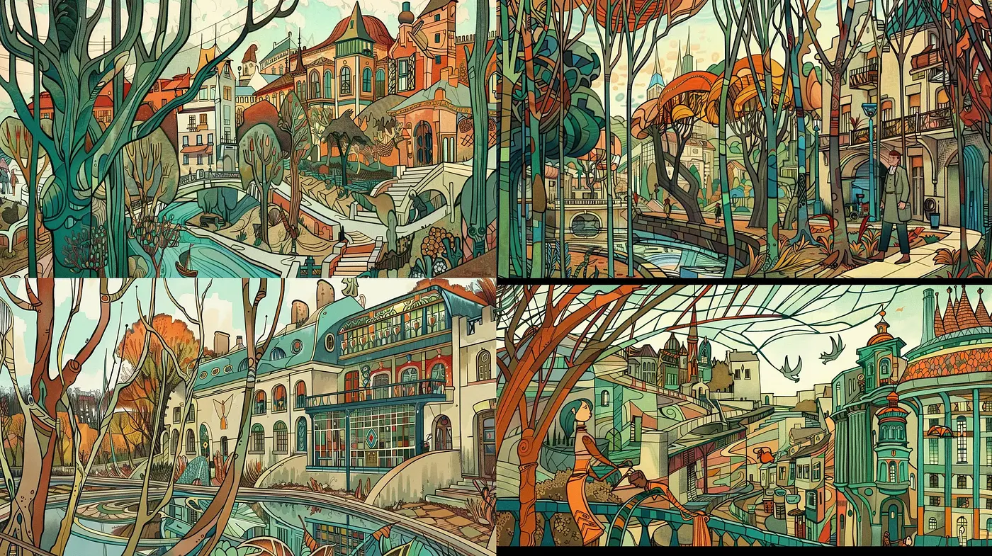 Stylized Urban Tapestry: A Fusion of Art Nouveau and Graphic Novel Aesthetics - Midjourney sref style