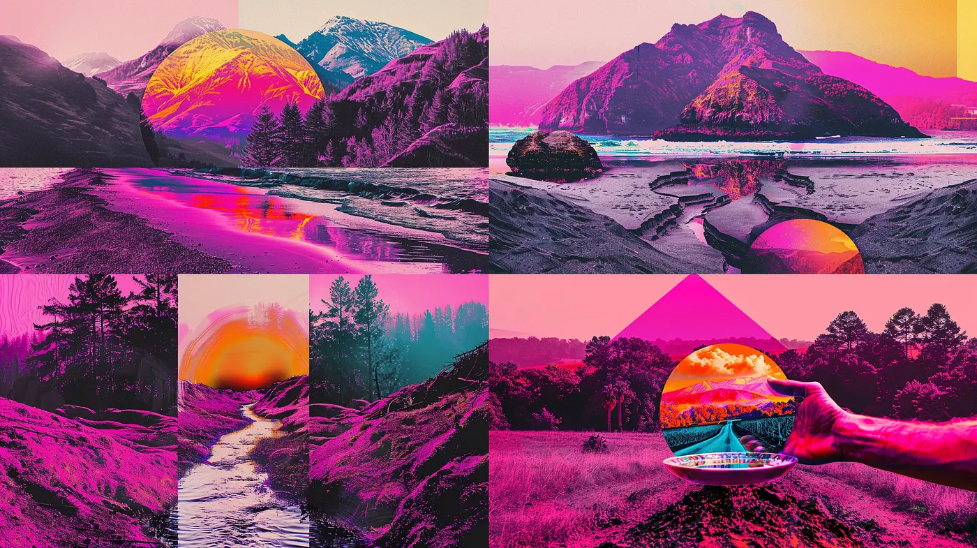 Surreal Landscape Transcendence with Vivid Magenta and Neon Palette - Midjourney sref style