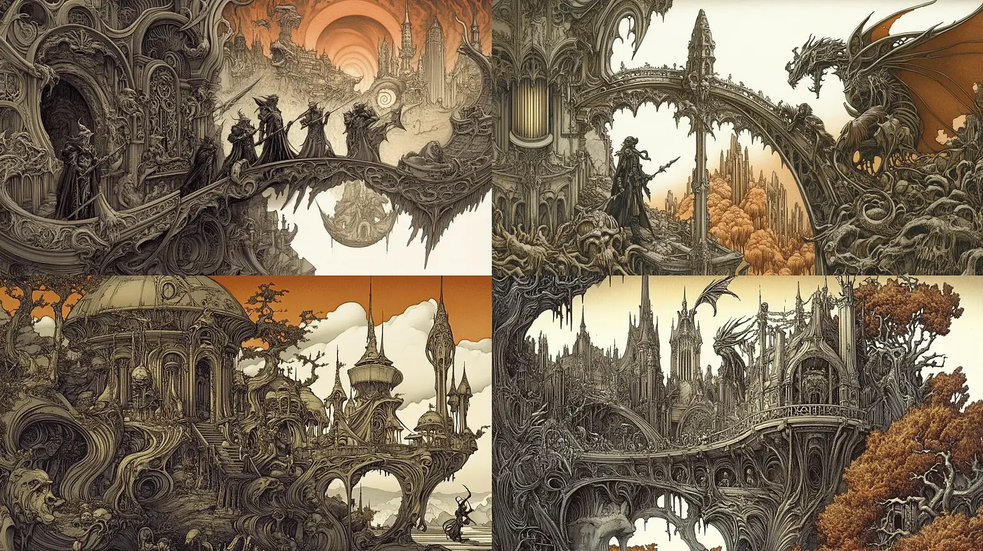 Ethereal Gothic Tapestry: A Fusion of Fantasy and Ornate Detailing - Midjourney sref style