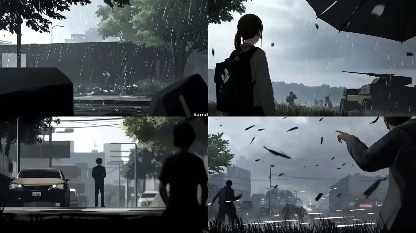 Monochromatic Rain: A Fusion of Noir and Anime Sensibilities - Midjourney sref style