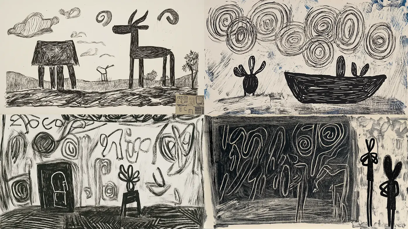 Abstract Expressionist Whimsy in Monochrome - Midjourney sref style