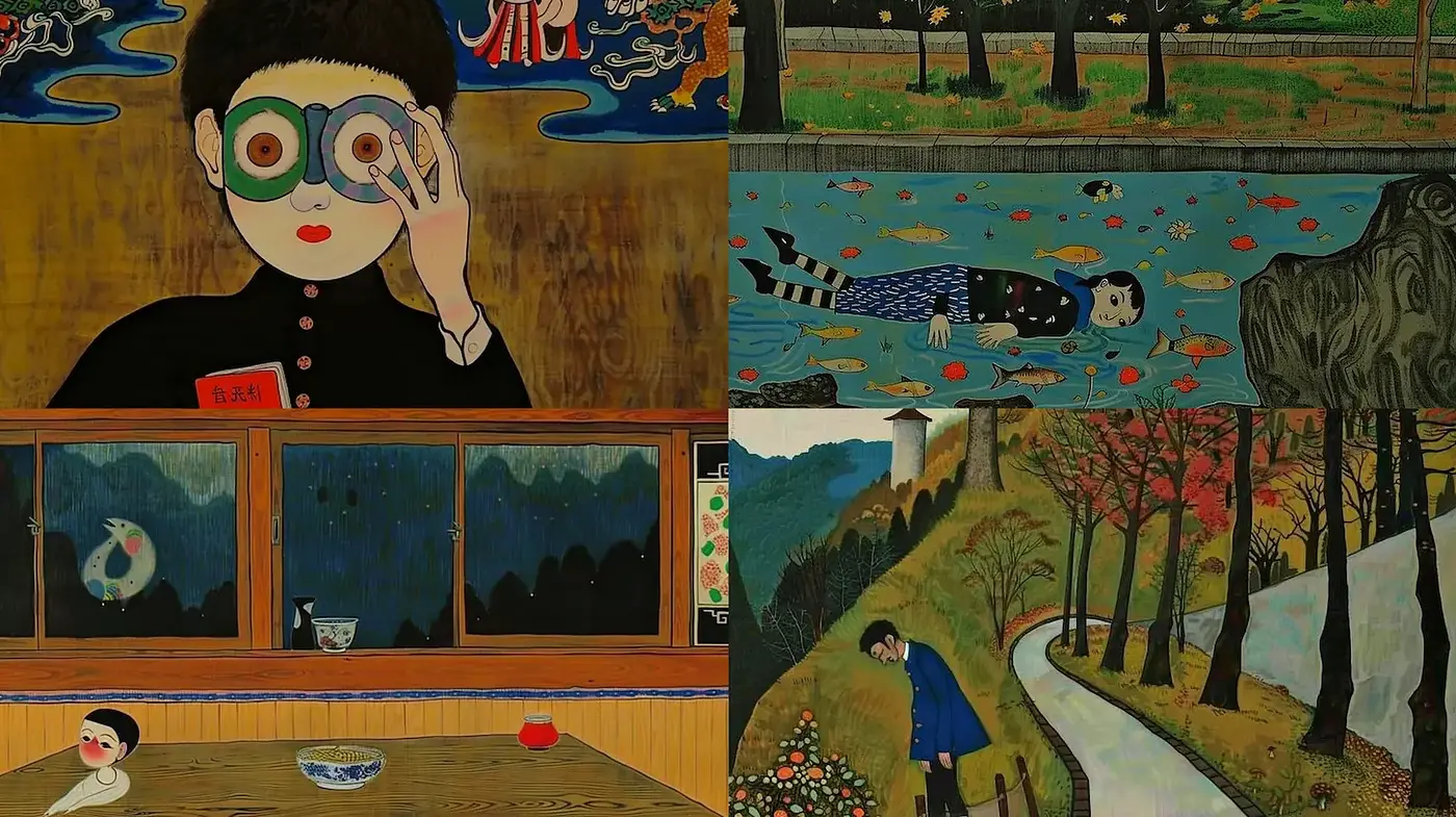 Whimsical Narrative Art with a Playful Yet Somber Tone - Midjourney sref style