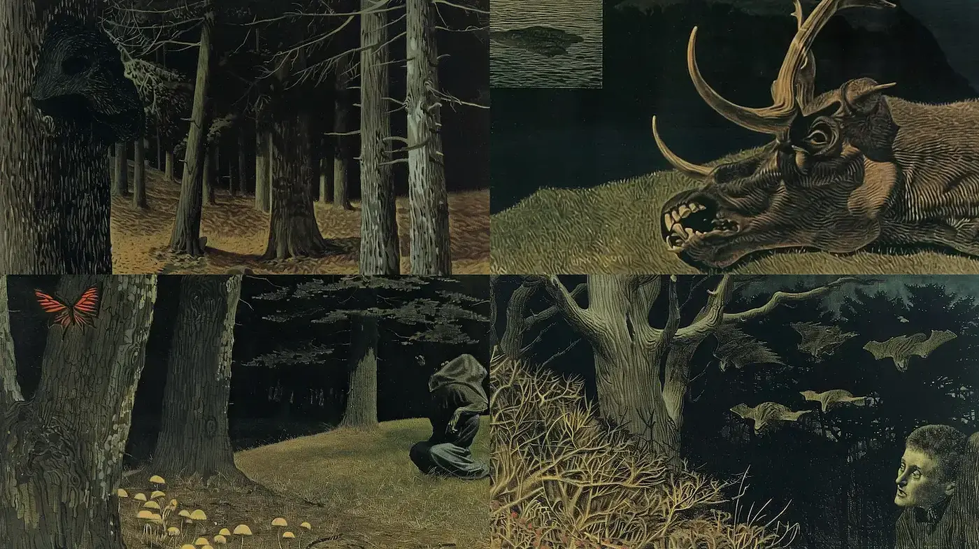 Surreal and Atmospheric Forest Scenes with a Haunting Quality - Midjourney sref style