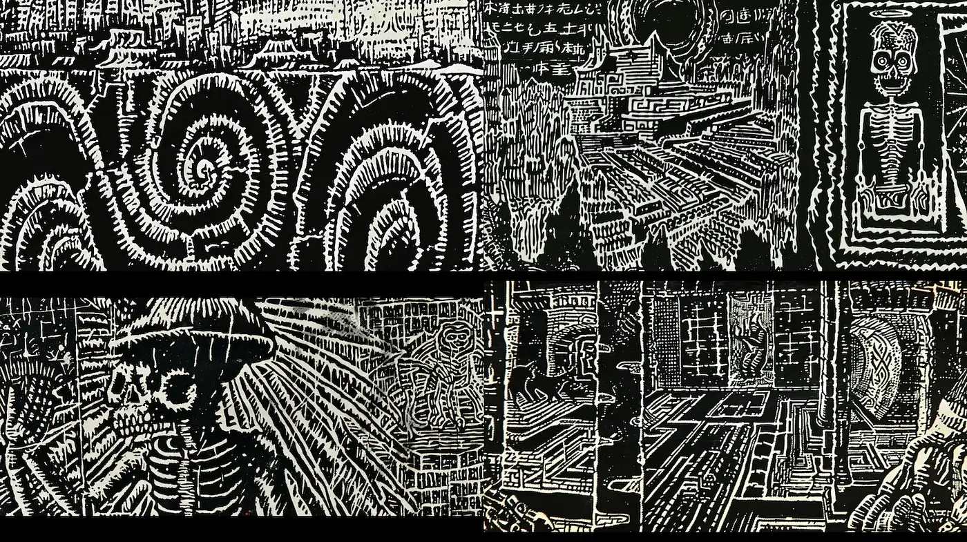 Eerie and Intricate Black and White Surrealism with Strong Cultural Undertones - Midjourney sref style