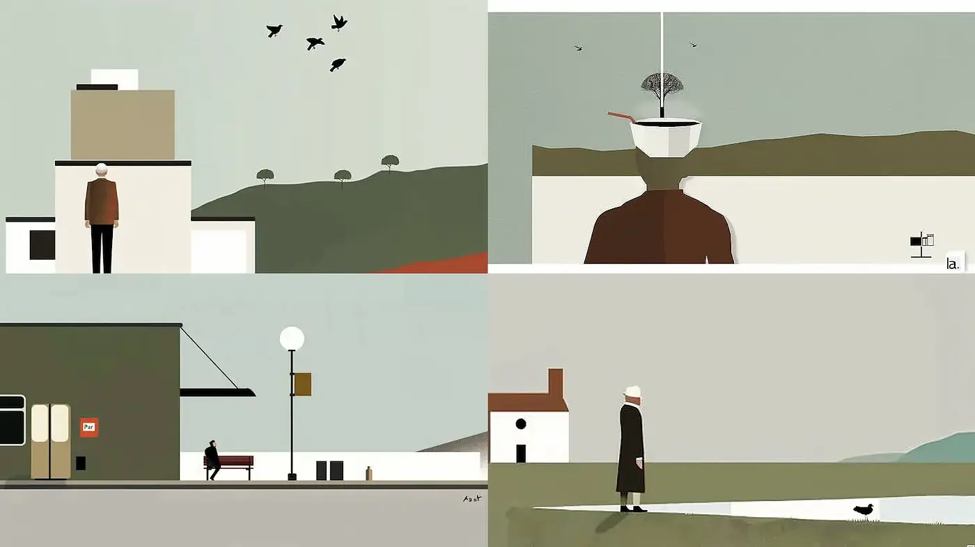Minimalist and Surreal Art with a Playful Narrative Quality - Midjourney sref style