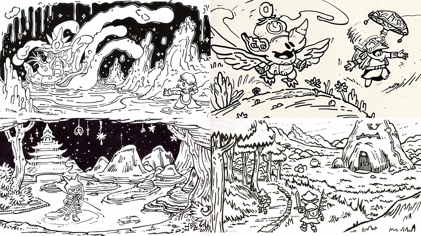 Whimsical Monochrome Storybook Illustrations - Midjourney sref style