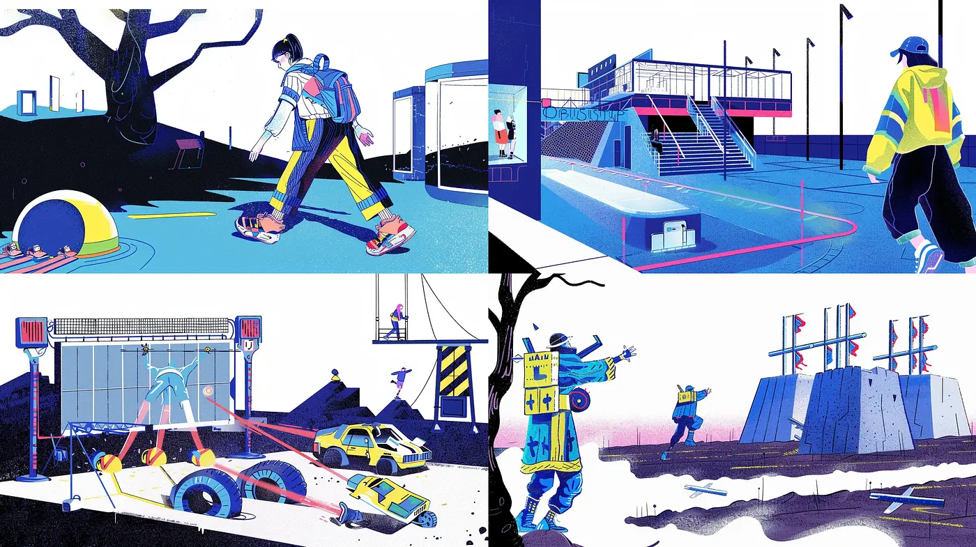 Stylized Synthetic Duality: A Blend of Electric Blues and Striking Yellows in Graphic Novel Artistry - Midjourney sref style