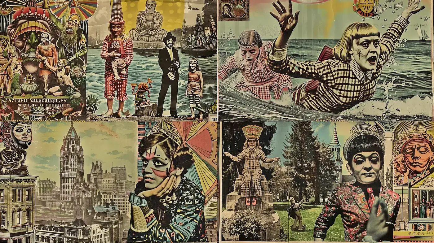 Whimsical Vintage Collage with Eclectic Iconography and Surreal Elements - Midjourney sref style