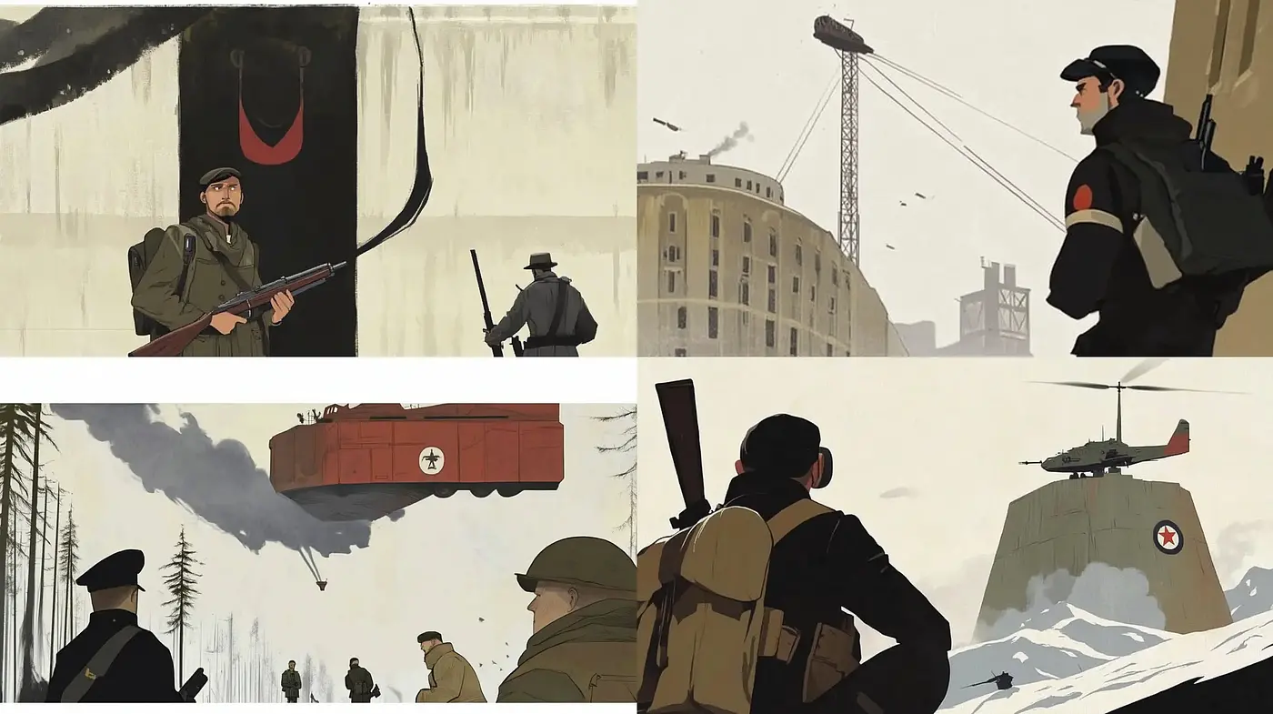 Elegaic Retro Military Vignettes with a Graphic Novel Essence - Midjourney sref style