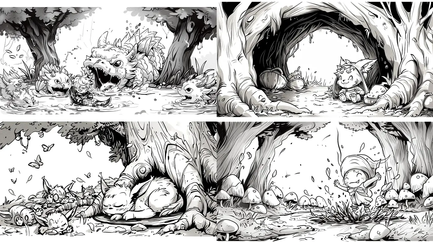 Monochrome Whimsy: Enchanting Comic-Book Style Illustrations - Midjourney sref style