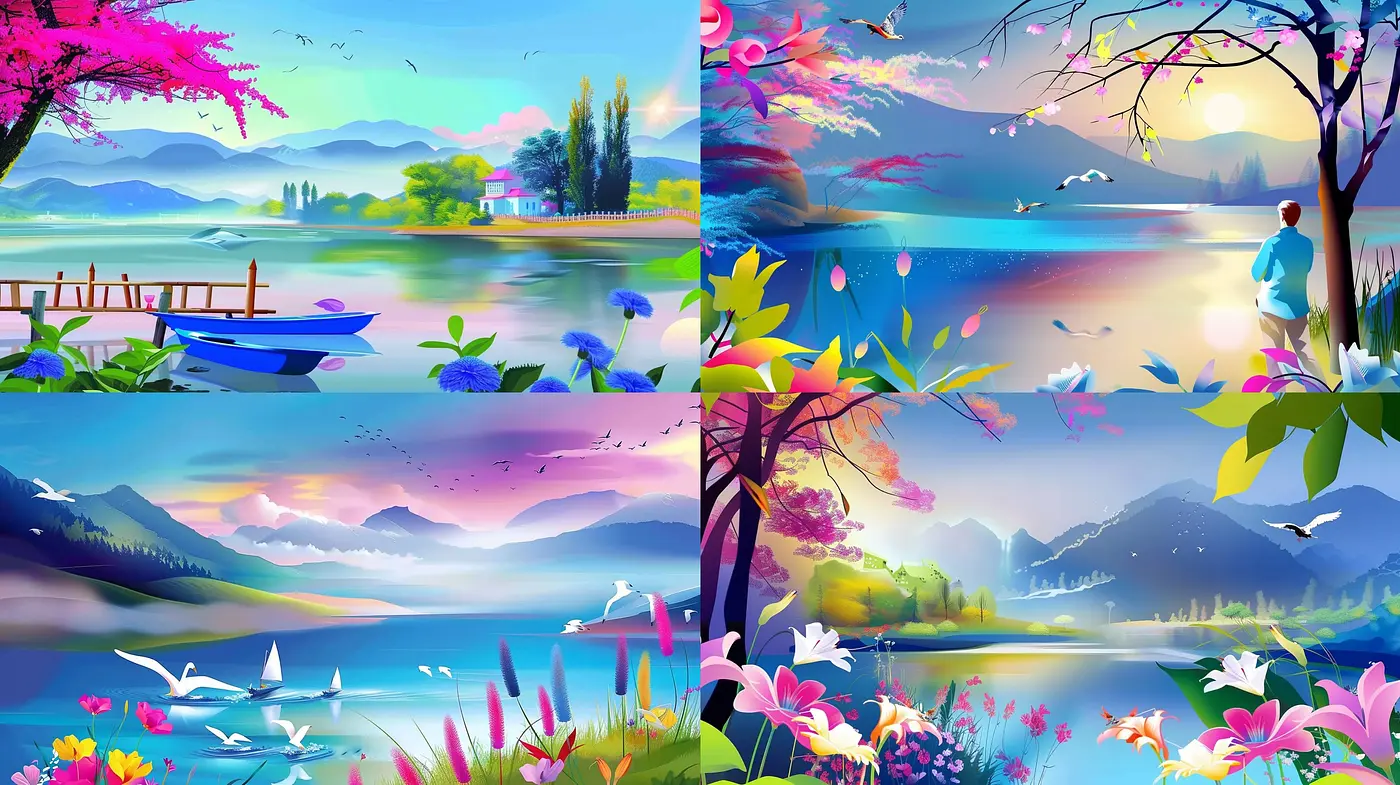 Idyllic Nature's Palette: Dreamy Landscapes with Vivid Hues and Surreal Serenity - Midjourney sref style
