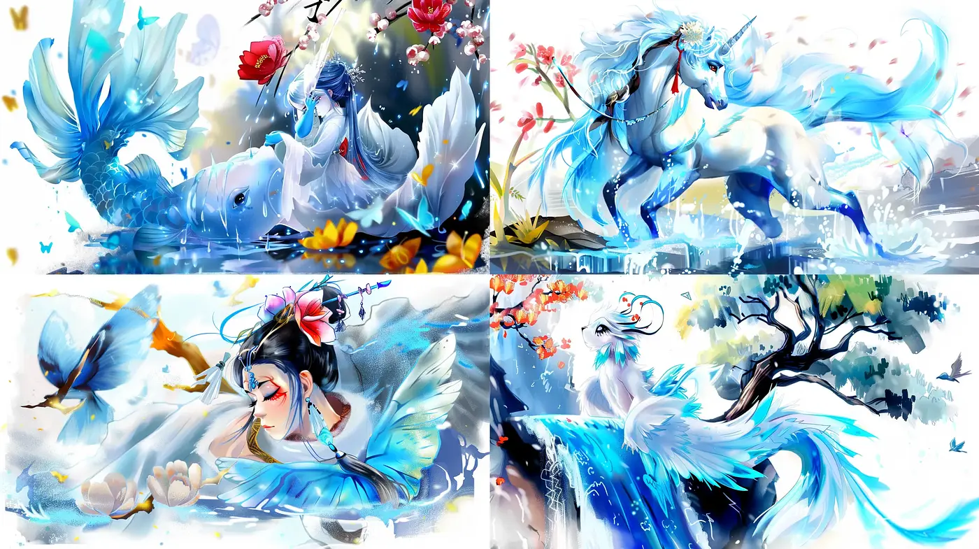 Ethereal Brushwork Symphony with Vivid Aquatic and Floral Motifs - Midjourney sref style