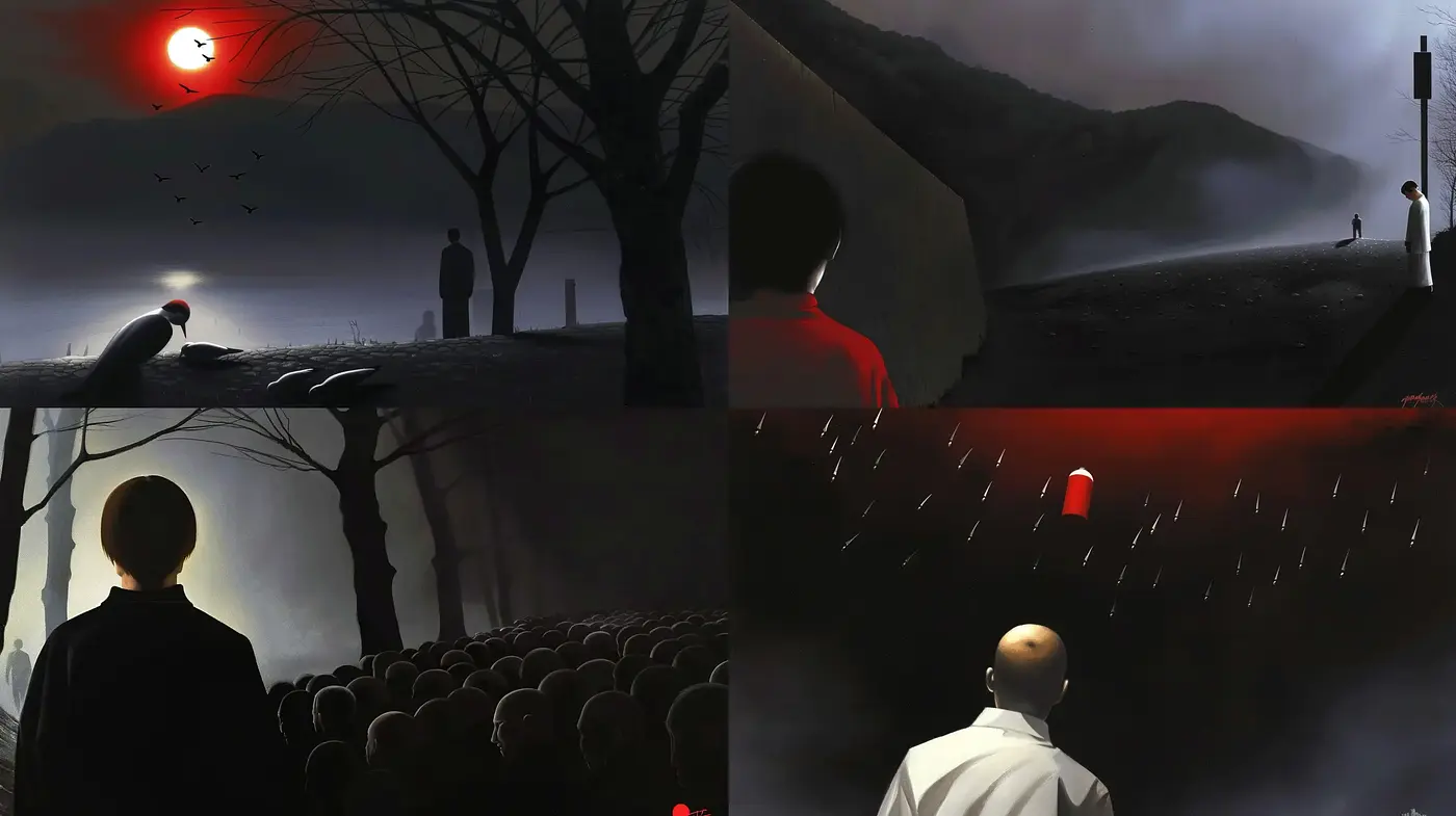 Ephemeral Silhouettes in Nocturnal Hues: A Study in Red Accents and Monochrome Mystery - Midjourney sref style