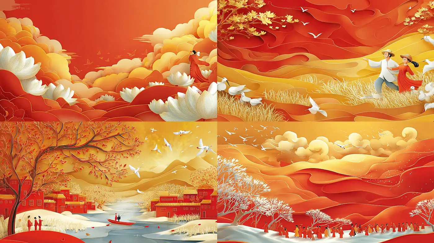 Harmonious blend of autumnal serenity and vibrant energy in stylized landscapes - Midjourney sref style
