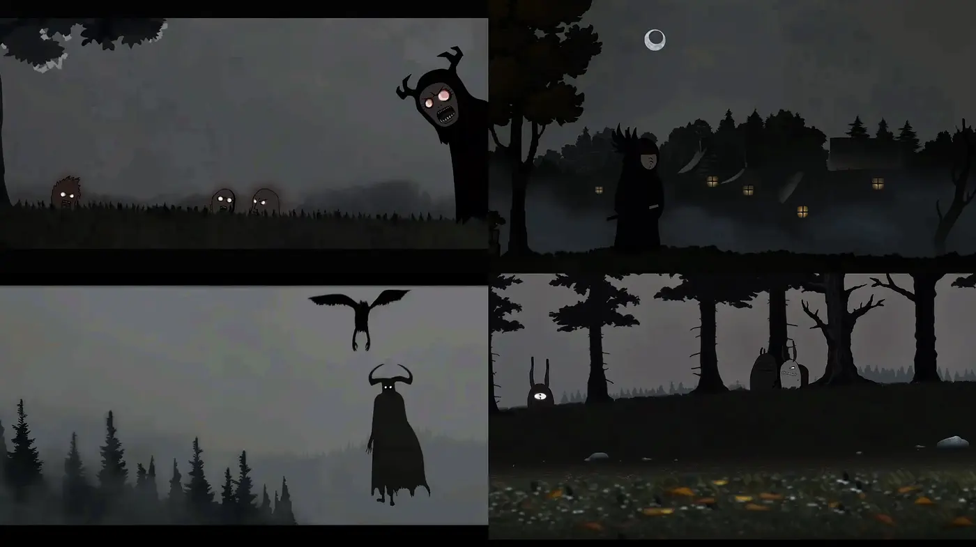 Mystical Twilight Silhouettes in a Monochromatic Woodland - Midjourney sref style