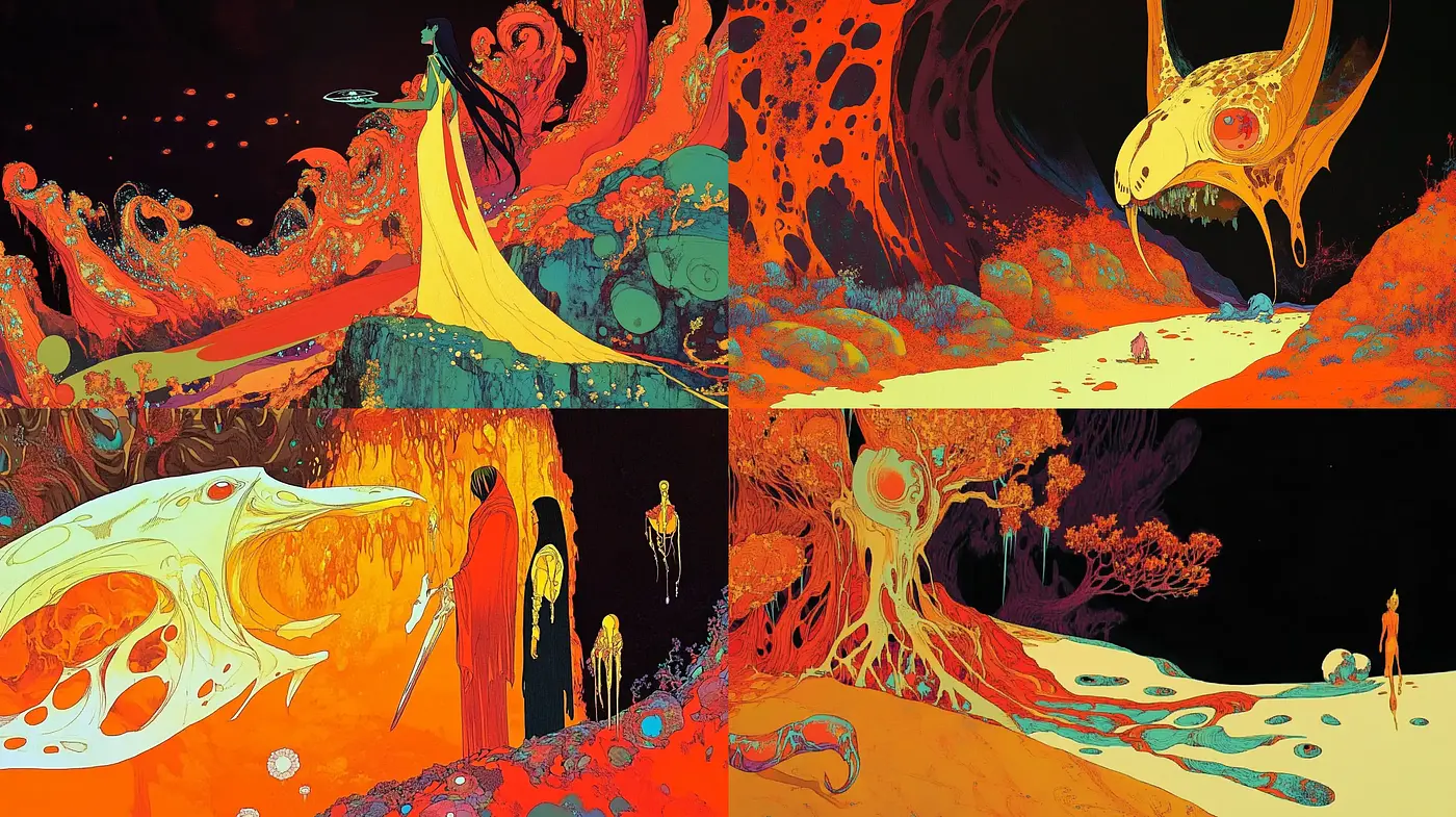 Vibrant Surrealistic Dreamscape with Psychedelic Overtones - Midjourney sref style