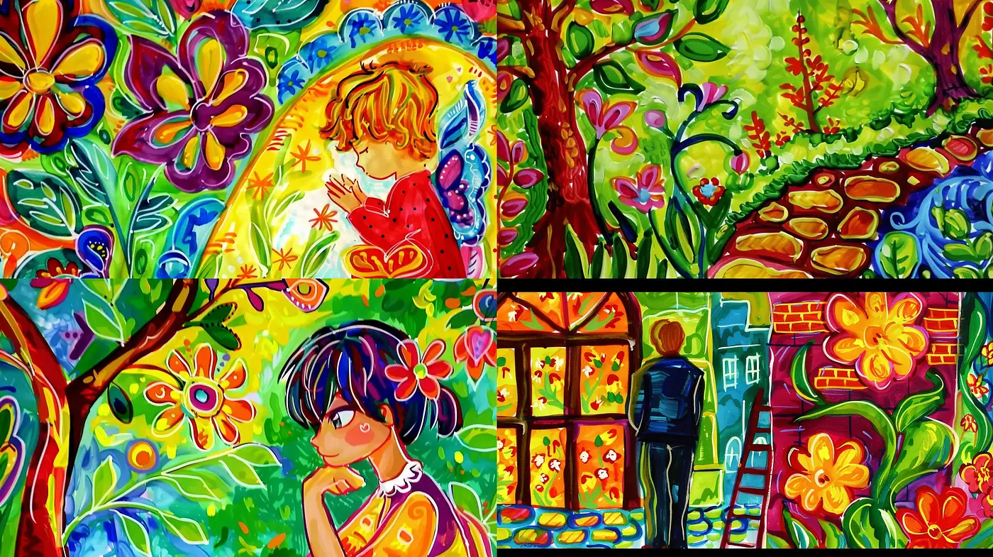 Luminous Garden Dreamscape: A Kaleidoscope of Vivid Hues and Fluid Forms - Midjourney sref style