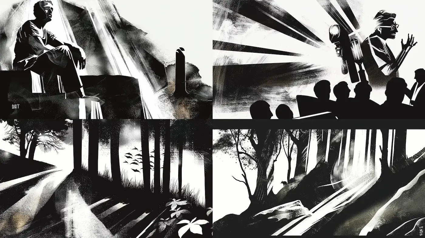 Dramatic monochromatic storytelling with dynamic contrasts - Midjourney sref style