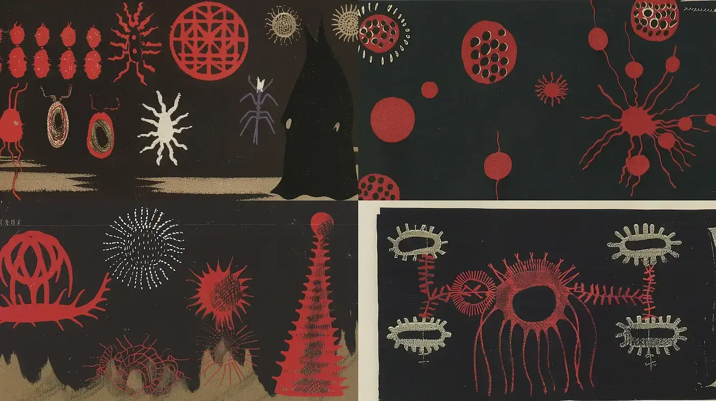 Abstract, organic designs merging biomorphic shapes with a dark backdrop - Midjourney sref style