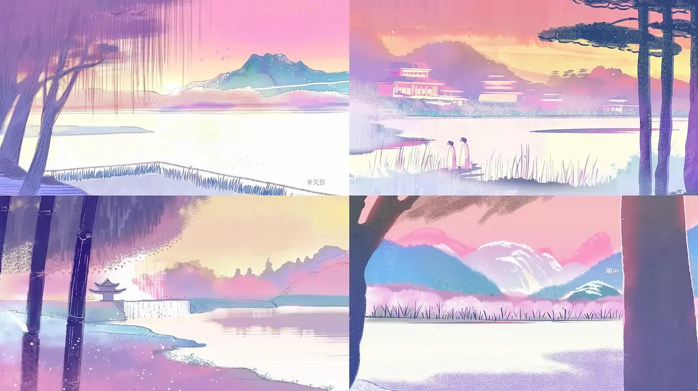 Ethereal landscapes with harmonious color gradients and soft textures - Midjourney sref style