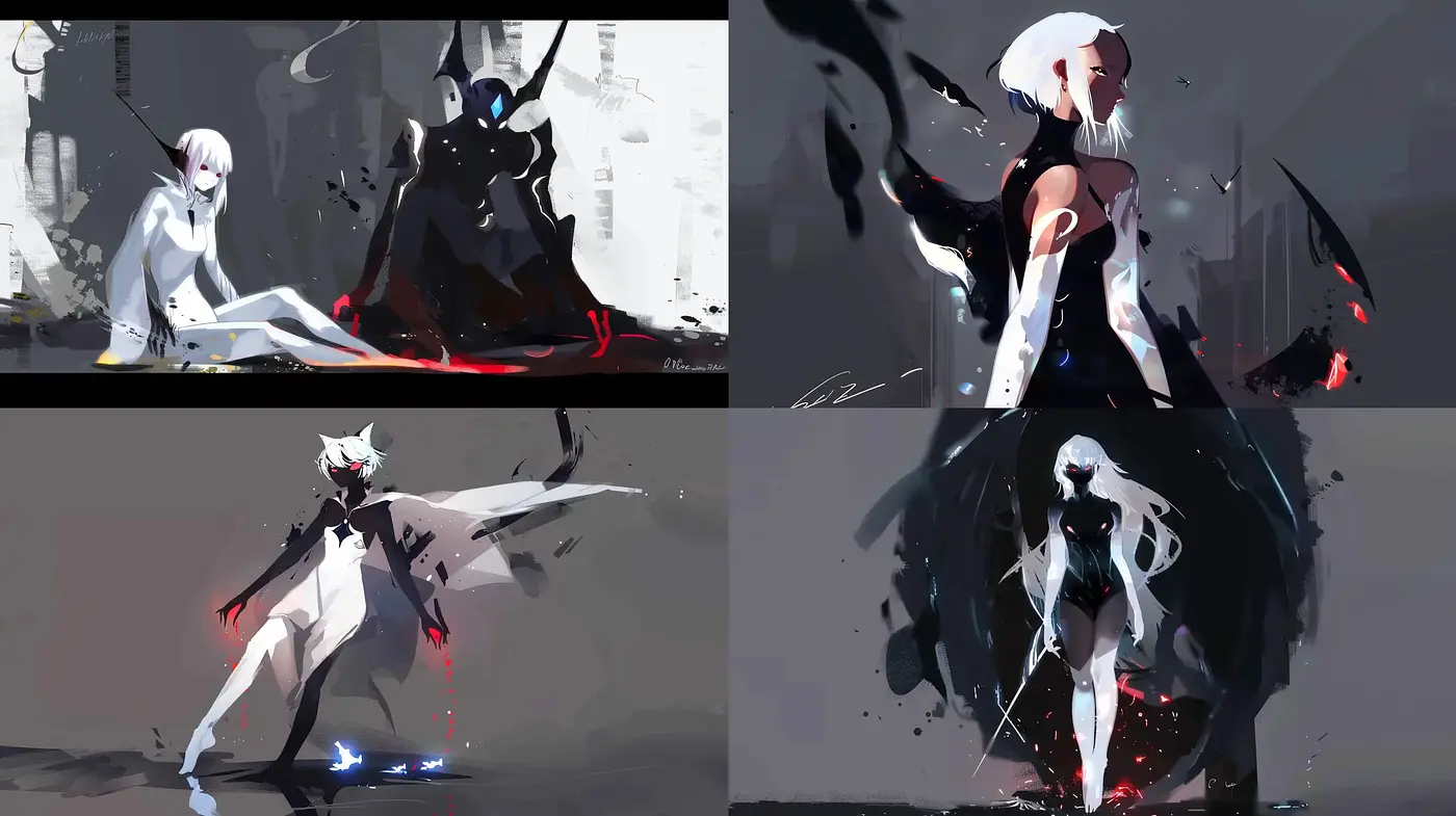 Dynamic Abstract Brushwork with a Monochromatic Anime Influence - Midjourney sref style