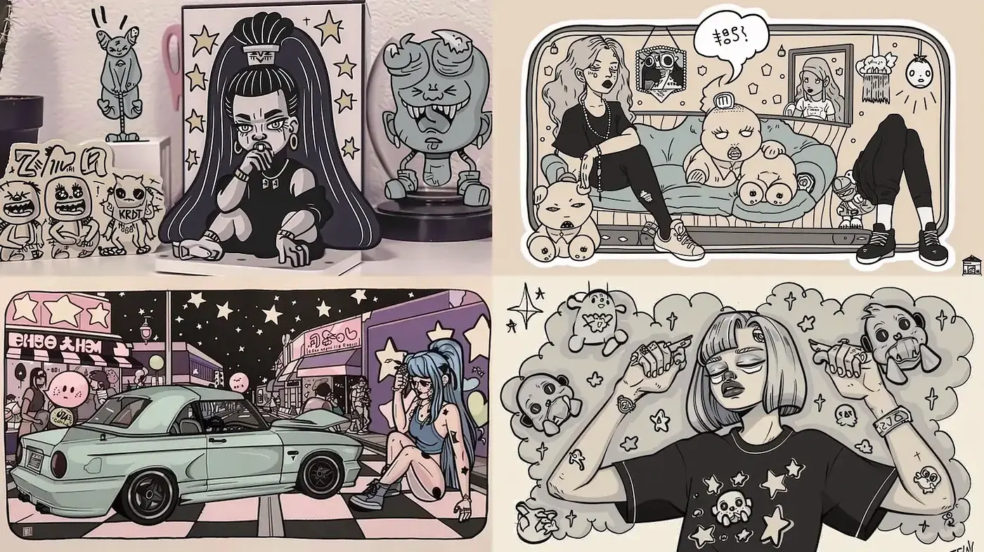 Quirky and Playful Illustrations with a Nostalgic Touch - Midjourney sref style