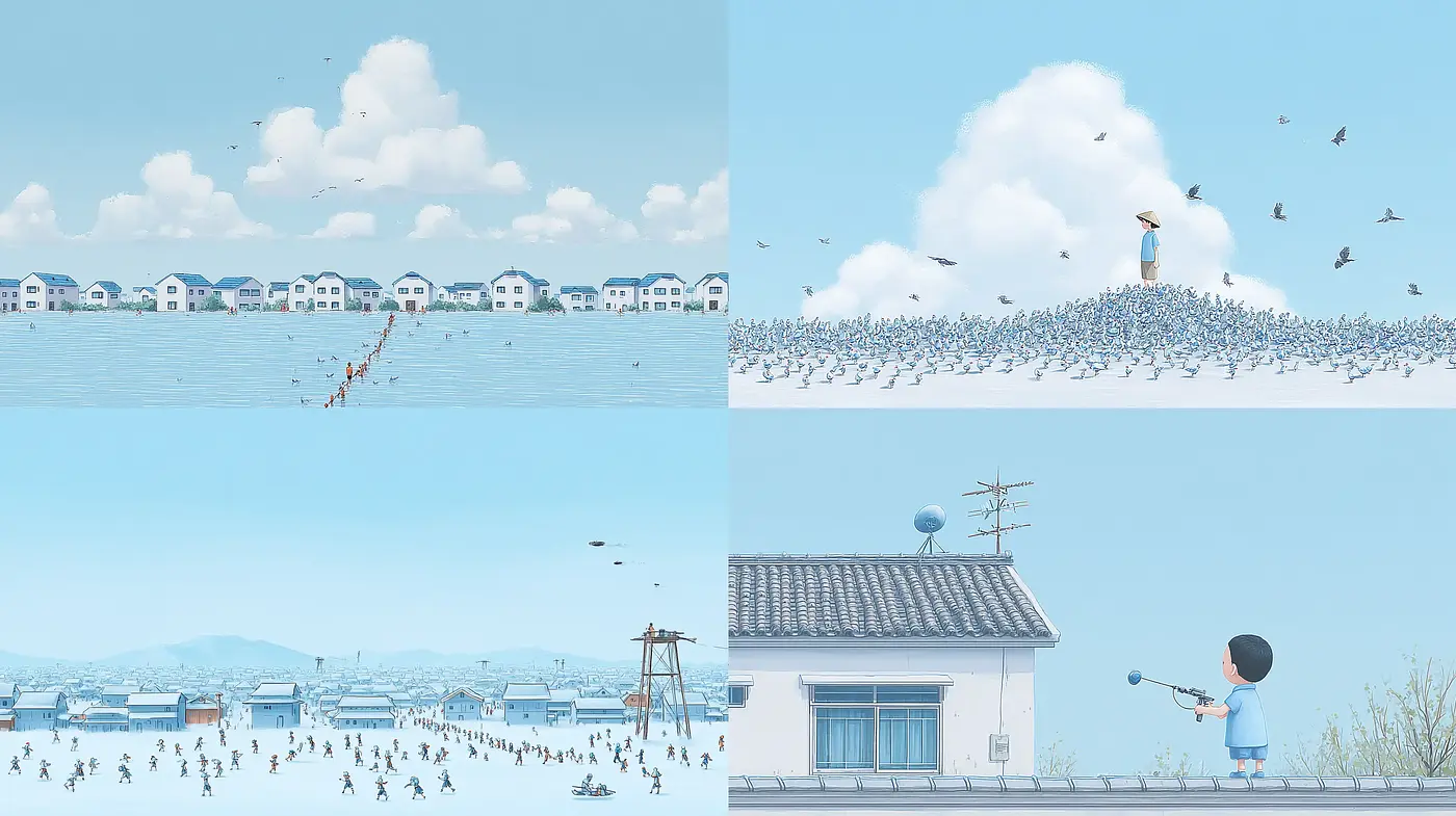 Whimsical yet introspective urban landscapes with a tranquil ambiance - Midjourney sref style