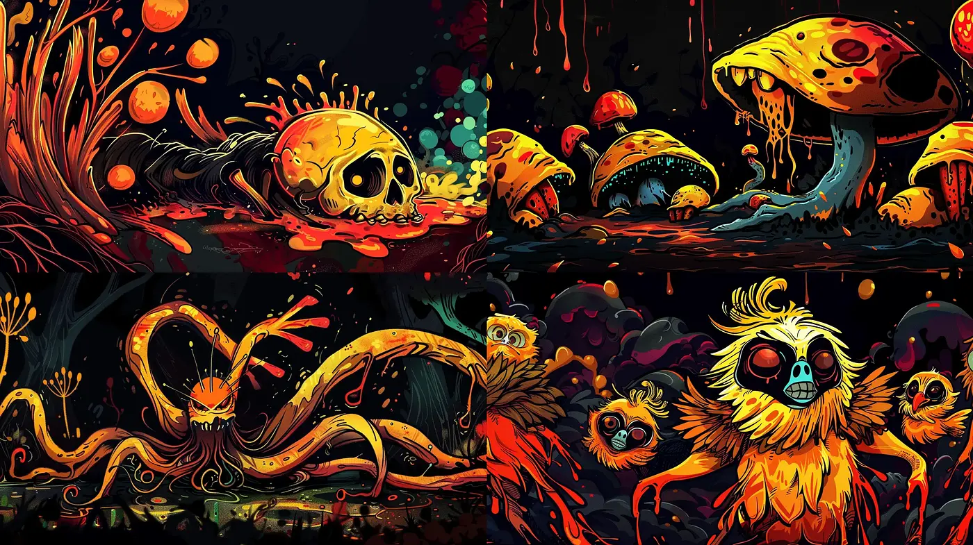 Luminous Nightmare: A Fusion of Phosphorescent Horror and Surreal Fantasy - Midjourney sref style